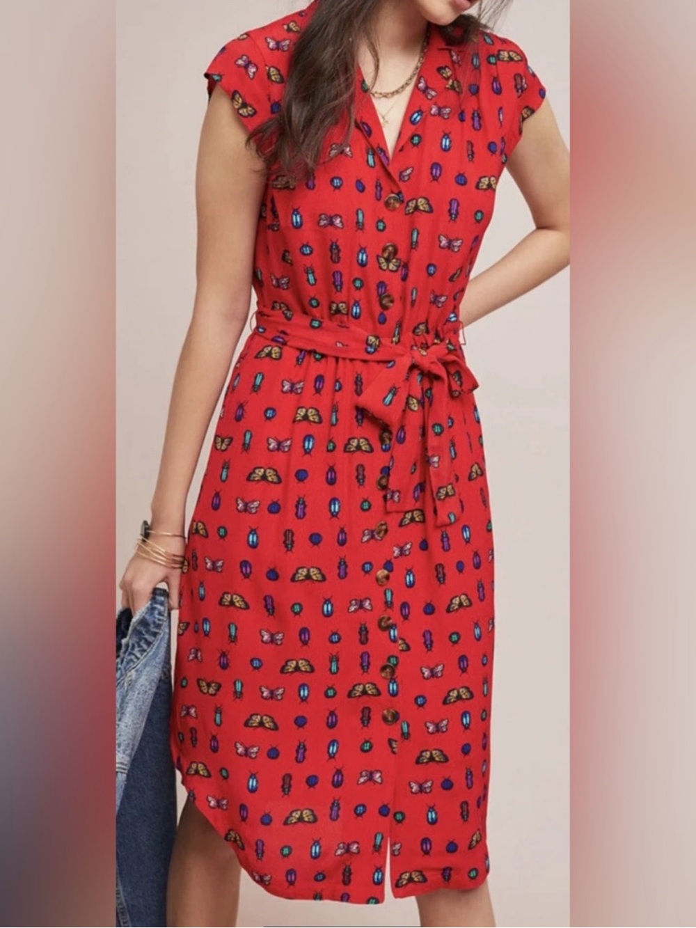 Conversations by Anthropologie 31 of 52 Red Midi Dress Butterflies & Bugs Sz 6